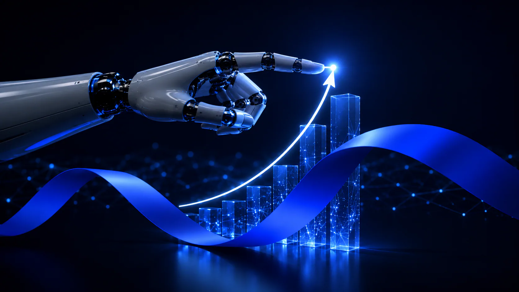 Main robotique guidant une courbe de croissance pour illustrer l’IA et l’automatisation.