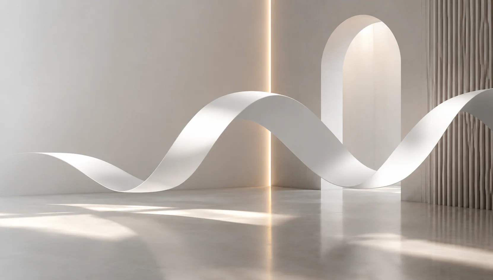 Expérience de marque représentée par une architecture lumineuse et un ruban en mouvement.