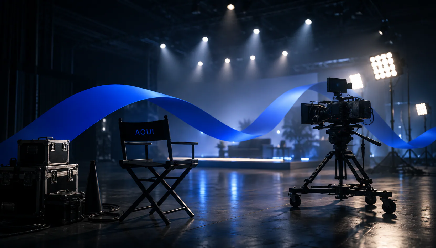 Plateau de production audiovisuelle avec caméra, éclairages et ruban de transformation AOUI.